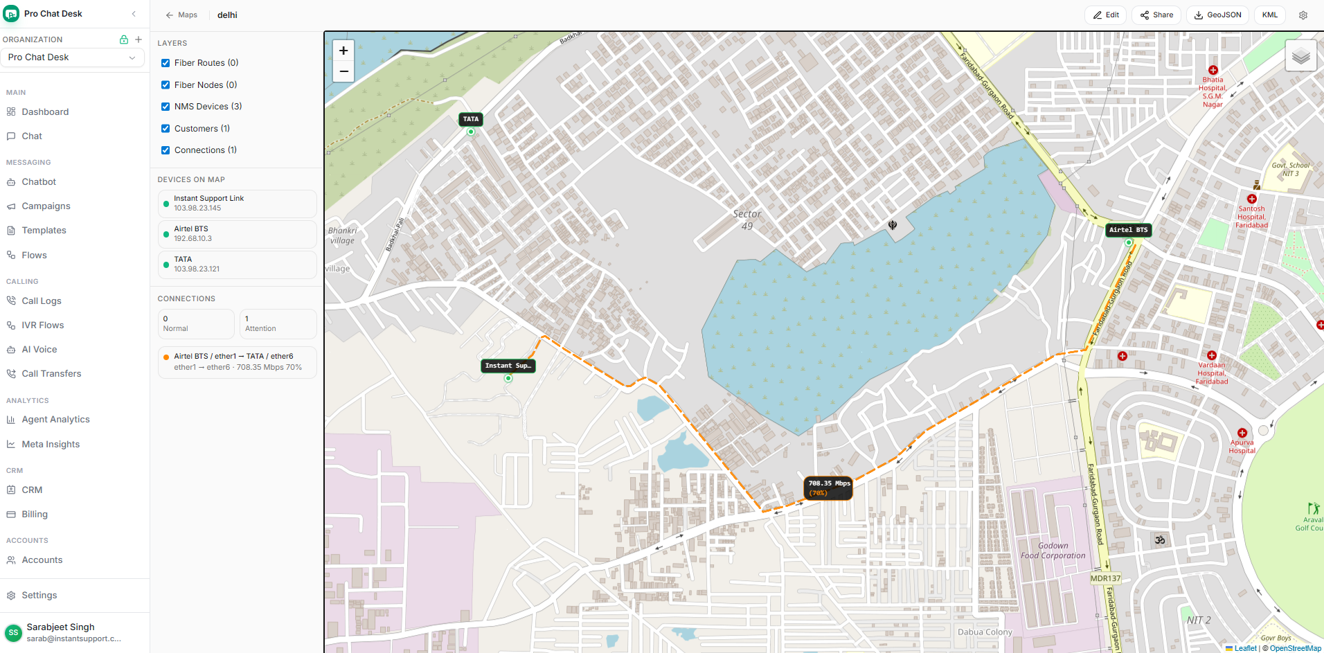 Fiber map route showing orange attention traffic state