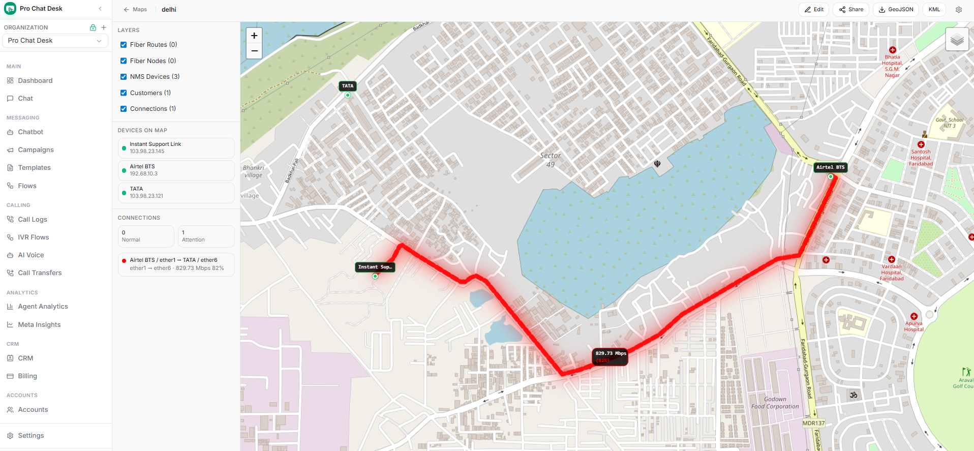 Fiber map route showing red critical traffic state