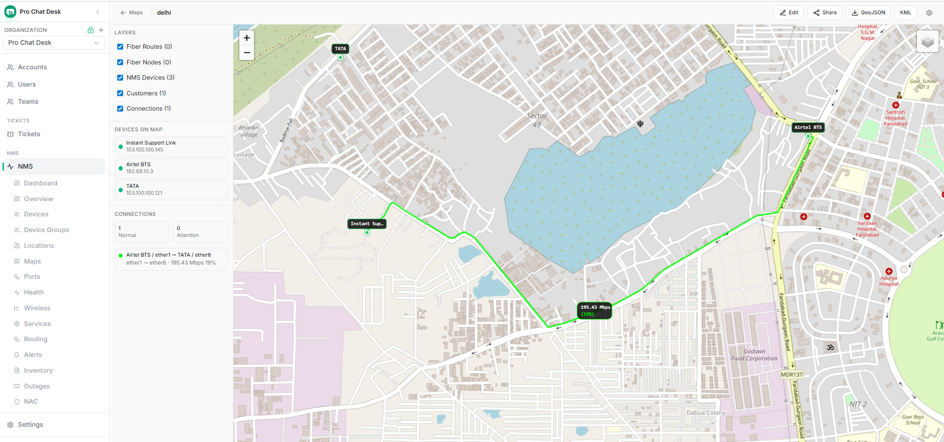 Pro Chat Desk NMS fiber map showing online route traffic in green