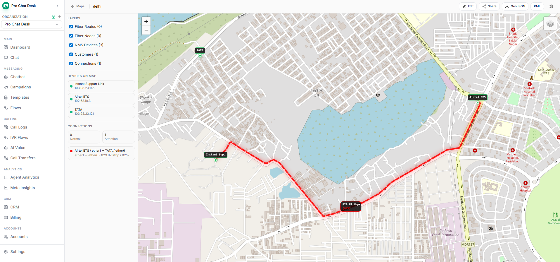 Fiber map route showing red heat glow around a high traffic path