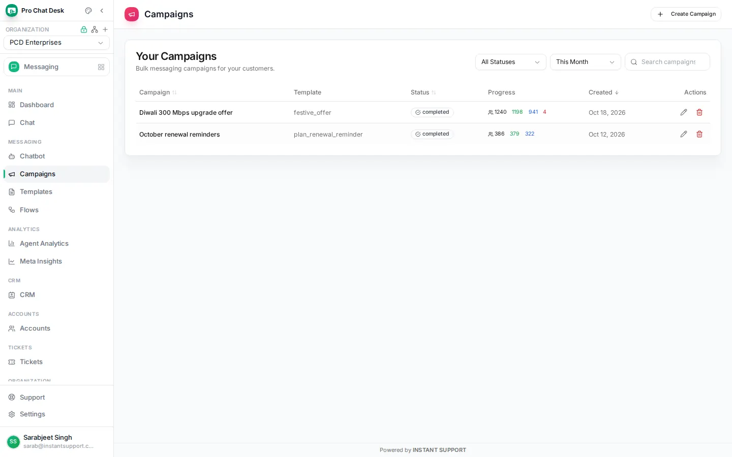 Campaigns & templates screen