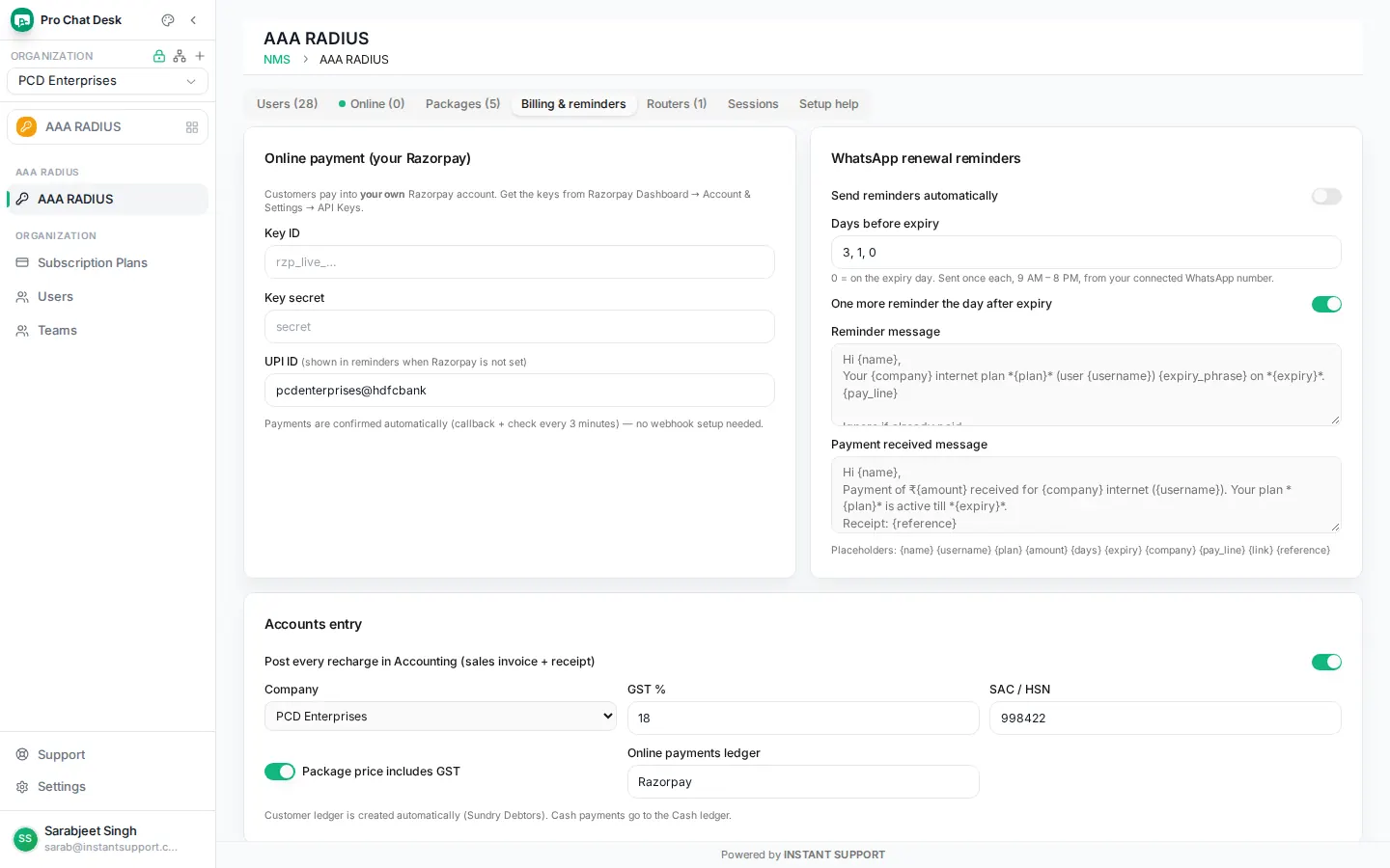 ISP billing settings