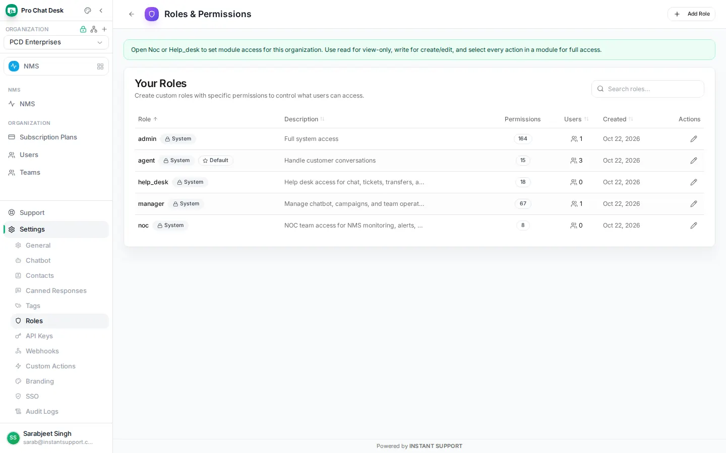 Roles & permissions screen