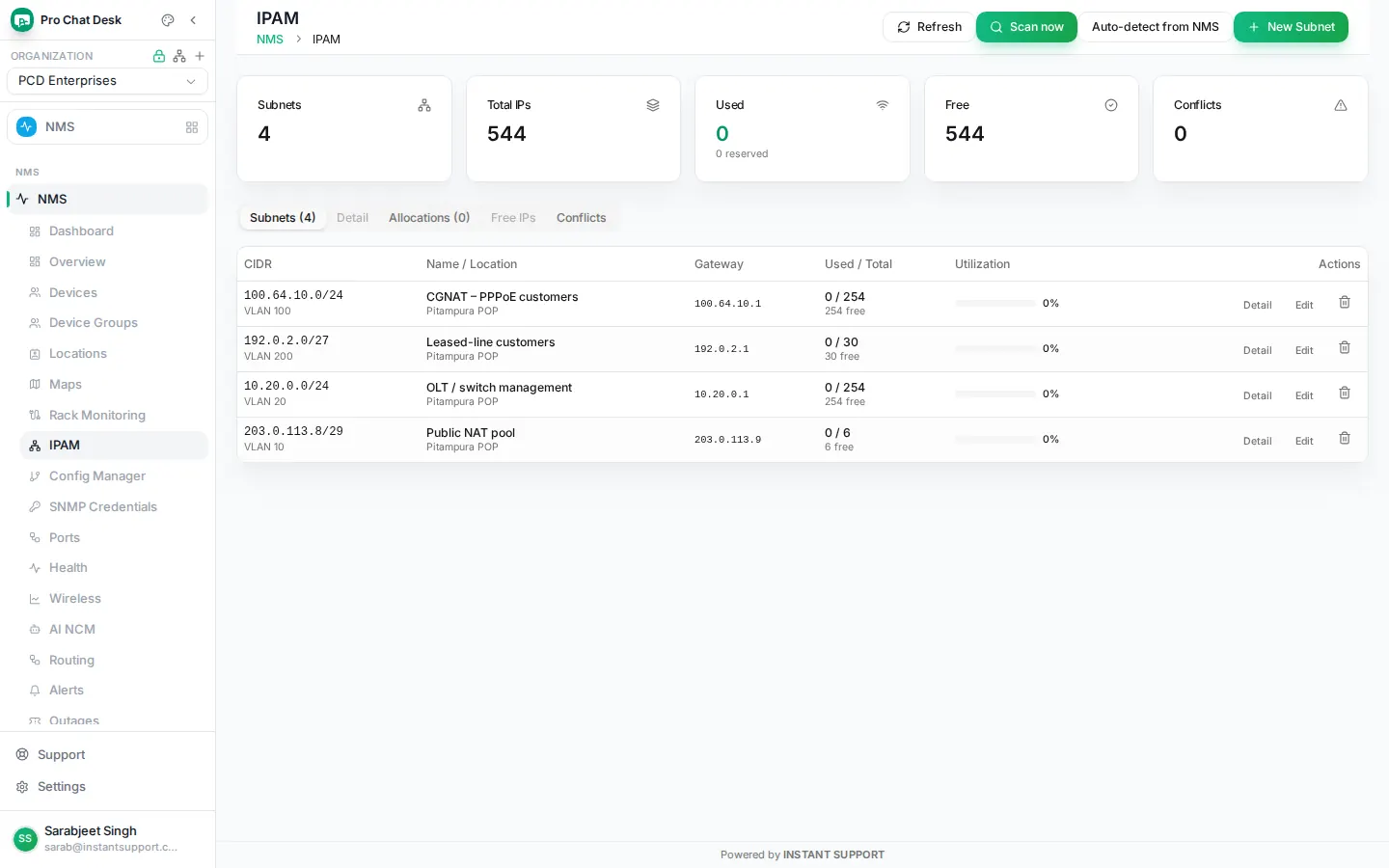 IP address management screen